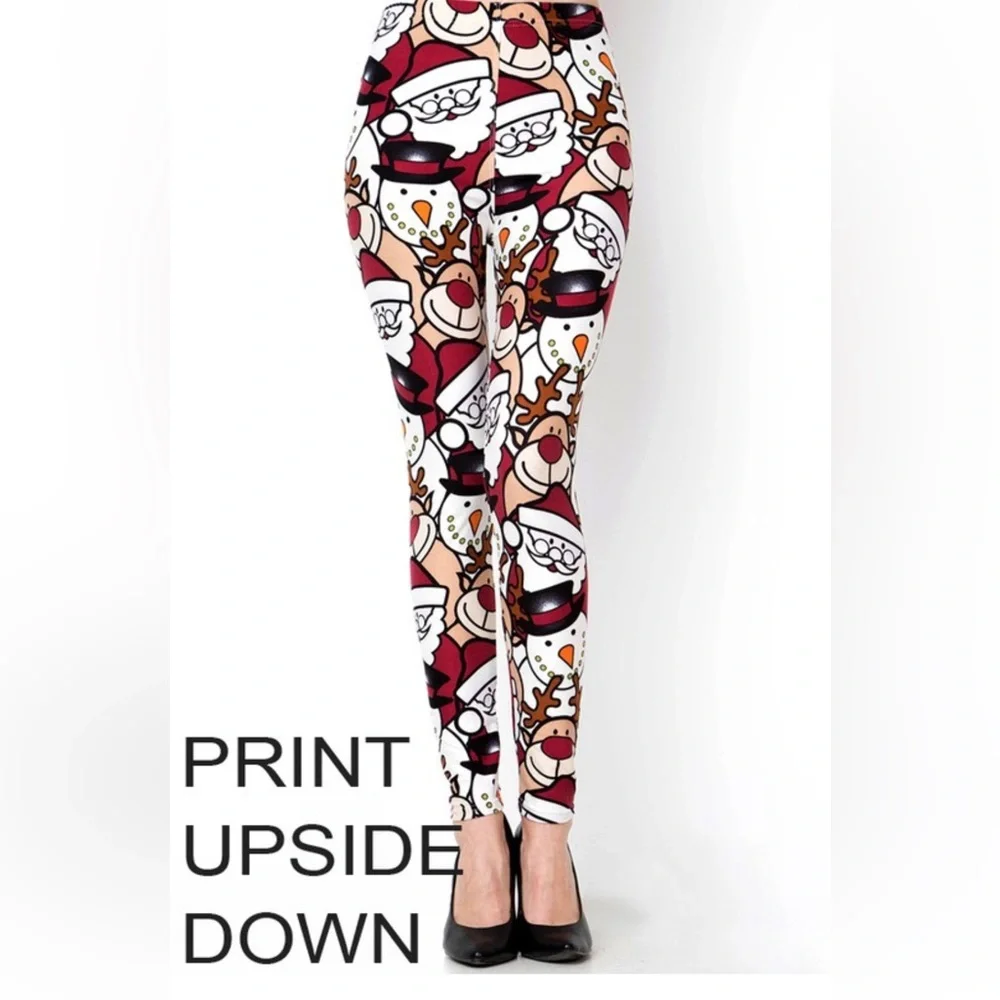 NWT! SOFT Upside Down Christmas Print Brushed Full Leggings Non-Sheer